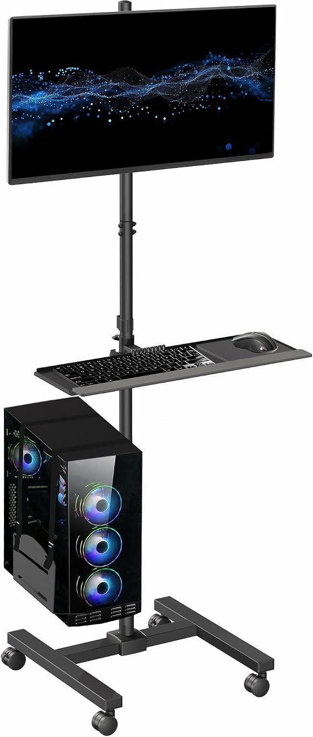 Adjustable Monitor Mount - Schwarzer Rollbarer Computerwagen mit Monitorhalterung für